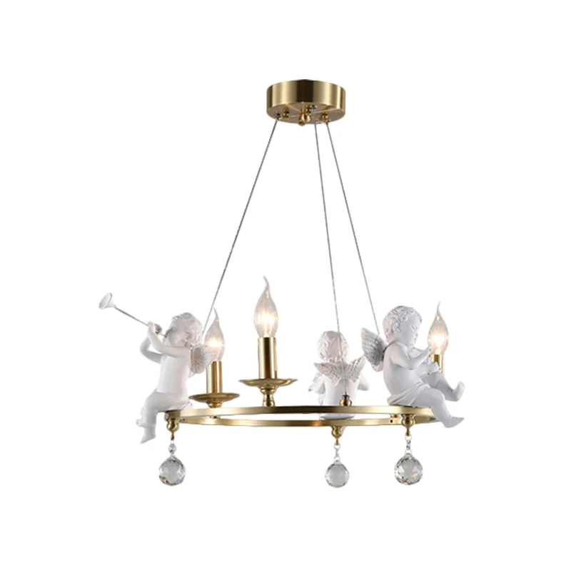 Kandelaar metalen plafondhanger Nordic 3-lamps gouden hangende kroonluchter met engeldeco Clearhalo