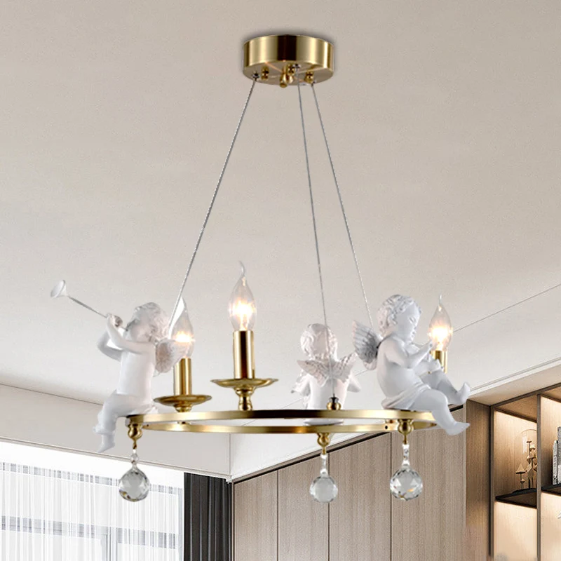 Kandelaar metalen plafondhanger Nordic 3-lamps gouden hangende kroonluchter met engeldeco Clearhalo
