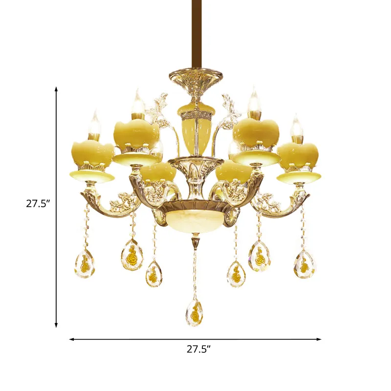 Kandelaar Slaapkamer Hanglamp Mid Century Jade 6 Lichts Gouden Kroonluchter met Kristallen Drapering Clearhalo