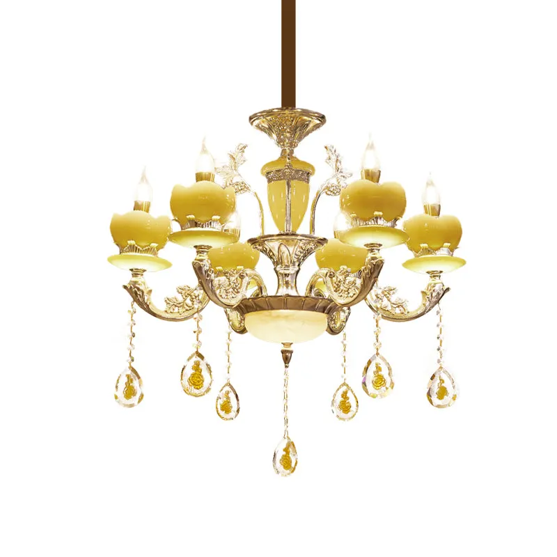 Kandelaar Slaapkamer Hanglamp Mid Century Jade 6 Lichts Gouden Kroonluchter met Kristallen Drapering Clearhalo