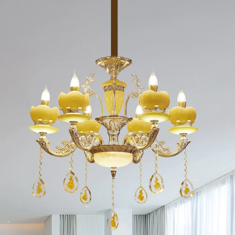 Kandelaar Slaapkamer Hanglamp Mid Century Jade 6 Lichts Gouden Kroonluchter met Kristallen Drapering Clearhalo