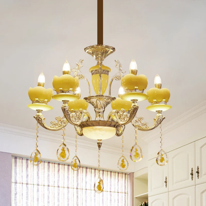 Kandelaar Slaapkamer Hanglamp Mid Century Jade 6 Lichts Gouden Kroonluchter met Kristallen Drapering Clearhalo