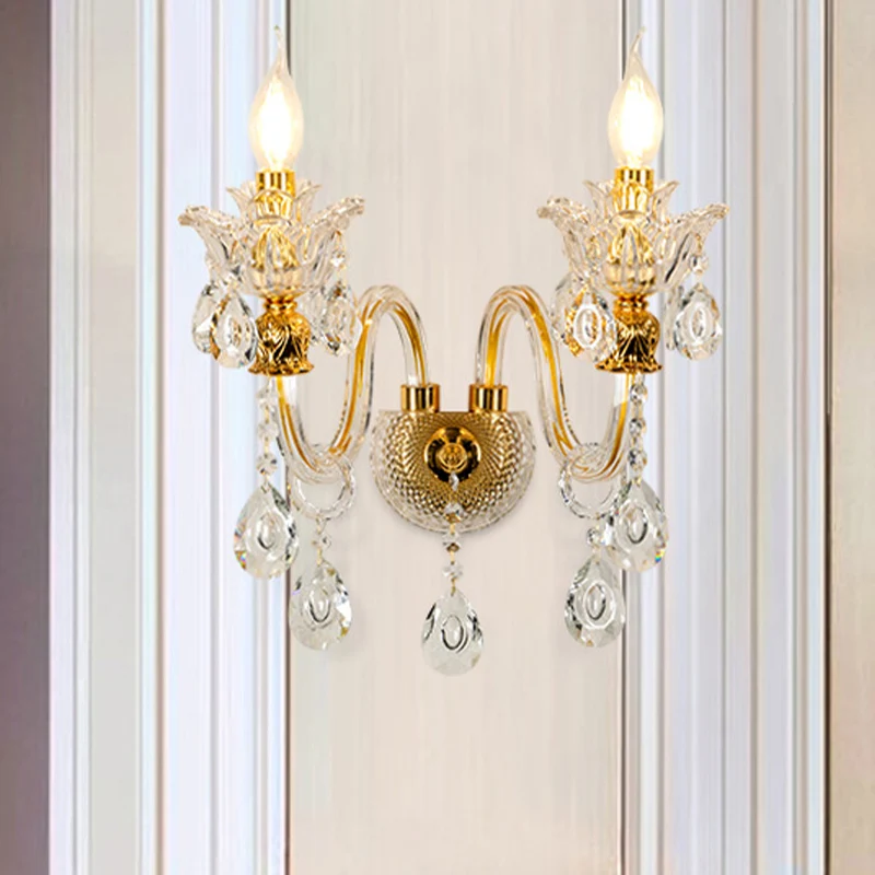 Kandelaar van helder kristalglas uit het midden van de eeuw, 2-lichts woonkamerwandlamp goud Clearhalo