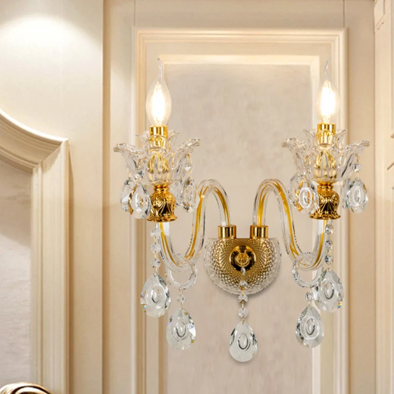Kandelaar van helder kristalglas uit het midden van de eeuw, 2-lichts woonkamerwandlamp goud Clearhalo