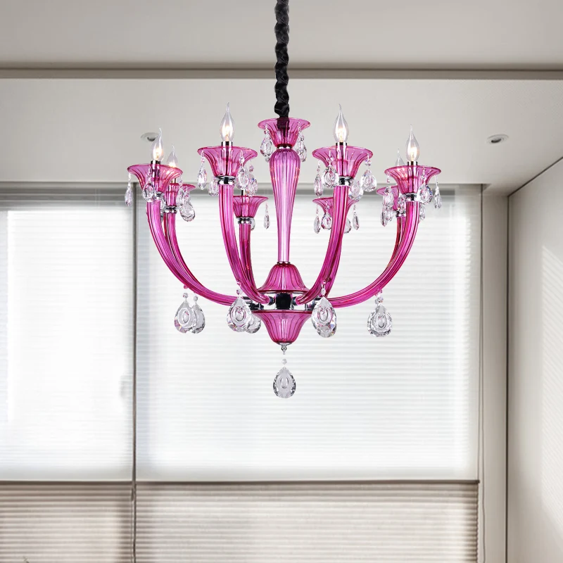 Kandelaar woonkamer kroonluchter moderne roze rood glas 8-lichts chroom hanger met kristallen drapering Clearhalo