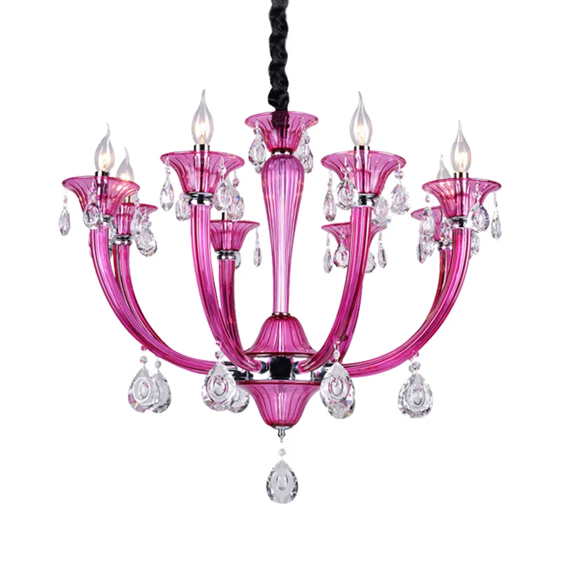 Kandelaar woonkamer kroonluchter moderne roze rood glas 8-lichts chroom hanger met kristallen drapering Clearhalo