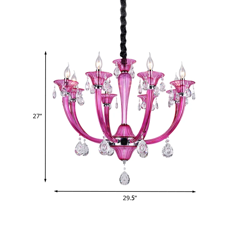 Kandelaar woonkamer kroonluchter moderne roze rood glas 8-lichts chroom hanger met kristallen drapering Clearhalo