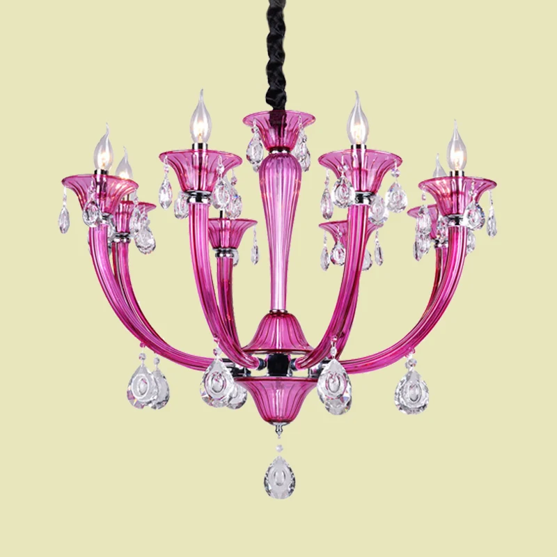 Kandelaar woonkamer kroonluchter moderne roze rood glas 8-lichts chroom hanger met kristallen drapering Clearhalo