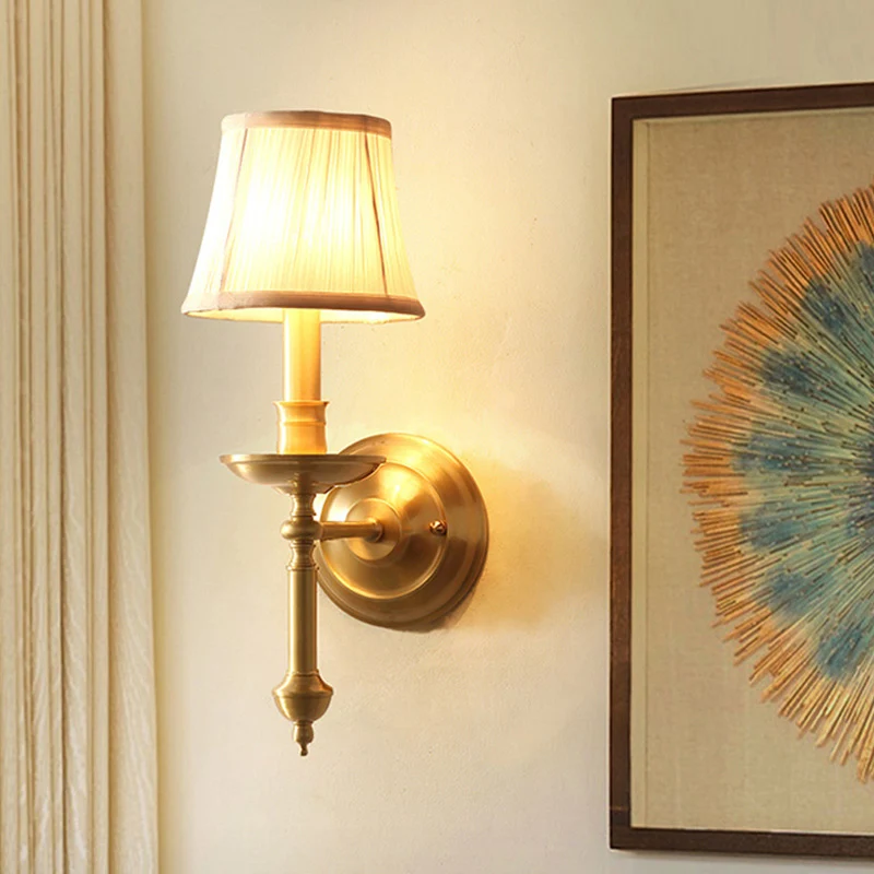 Kandelaar woonkamer wandverlichting vintage metalen enkele gouden schanslamp met Empire stoffen kap Clearhalo