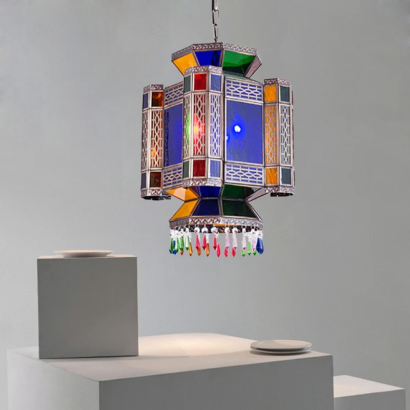 Kasteel blauw glazen hangende kroonluchter Arabische 3-lichts restaurant plafond hanglamp Clearhalo