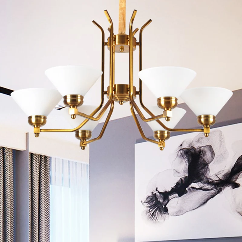 Kegel witte glazen kroonluchter verlichting traditionele 3/6 lampen woonkamer hanglamp goud Clearhalo