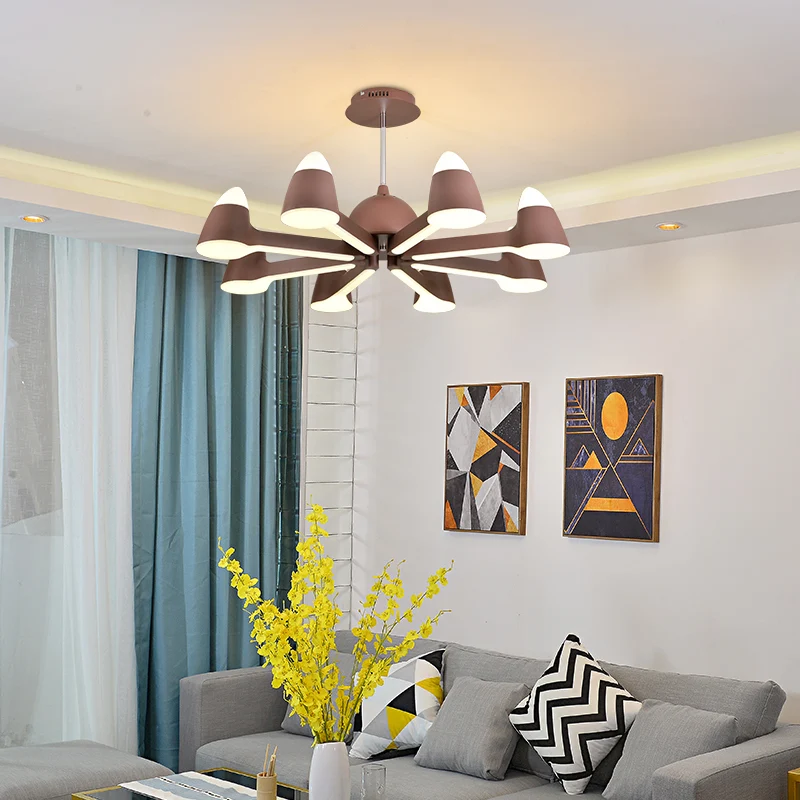 Kegelplafondkroonluchter Scandinavisch metaal 3/6/8 lichtbruine kroonluchterlamp voor woonkamer Clearhalo
