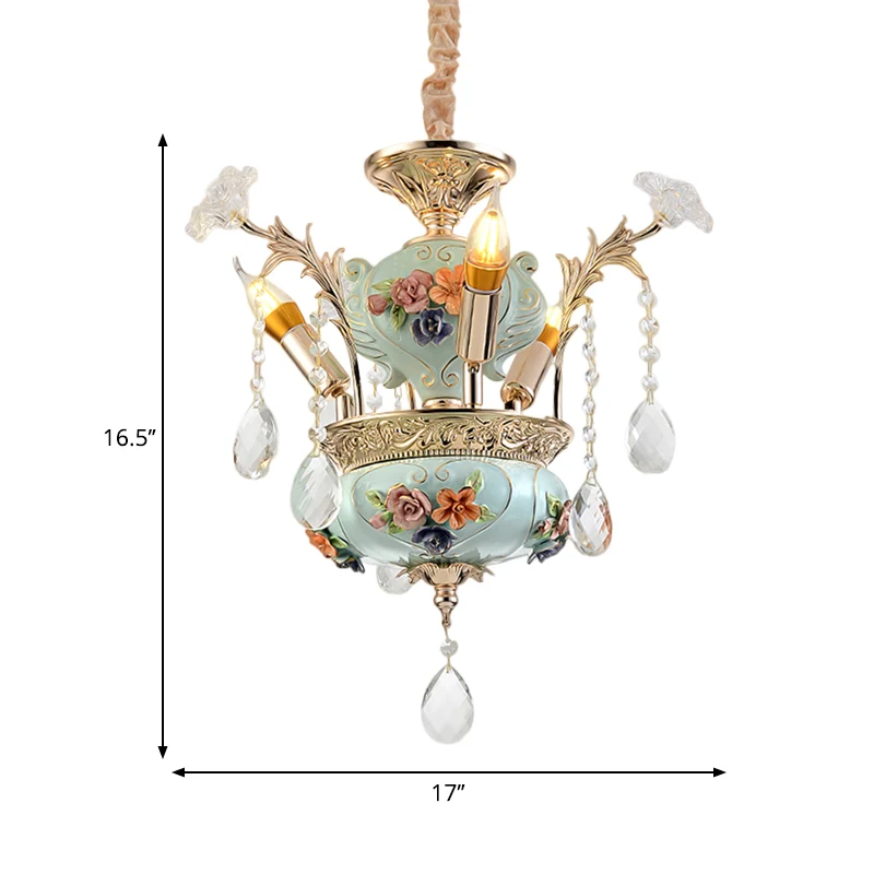 Keramiek kandelaar hanglamp eigentijds 3 lampen eetkamer hangende kroonluchter blauw met kristallen accent Clearhalo
