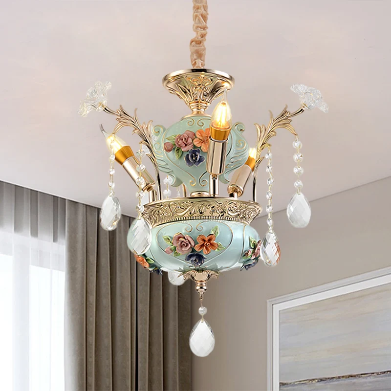 Keramiek kandelaar hanglamp eigentijds 3 lampen eetkamer hangende kroonluchter blauw met kristallen accent Clearhalo