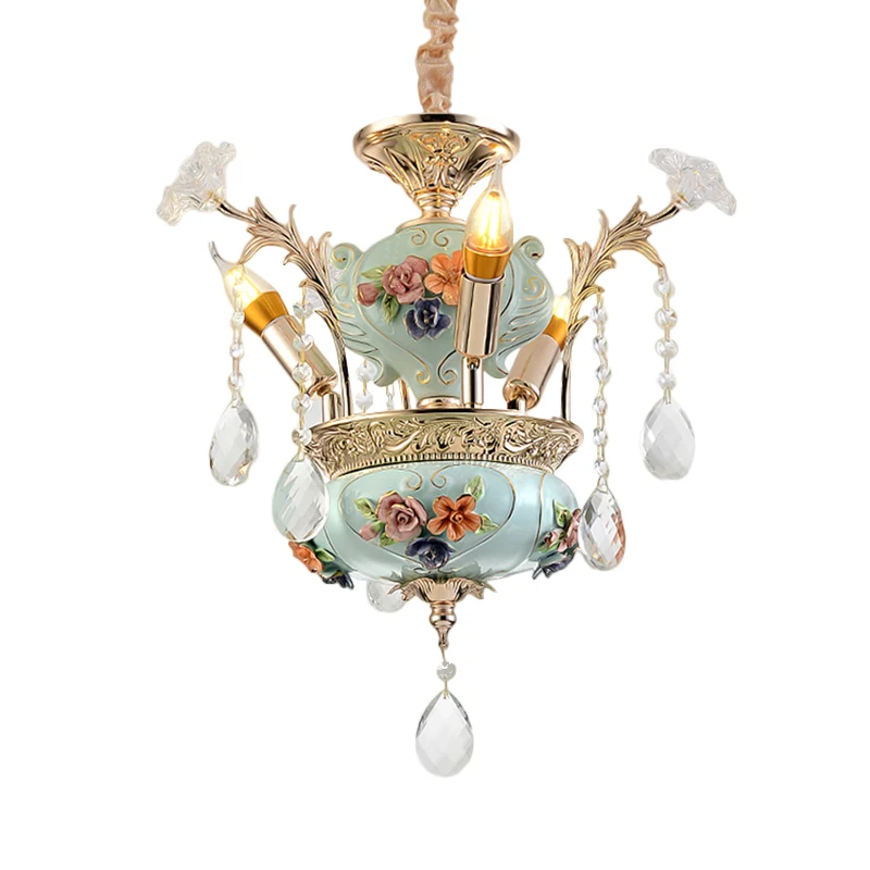 Keramiek kandelaar hanglamp eigentijds 3 lampen eetkamer hangende kroonluchter blauw met kristallen accent Clearhalo