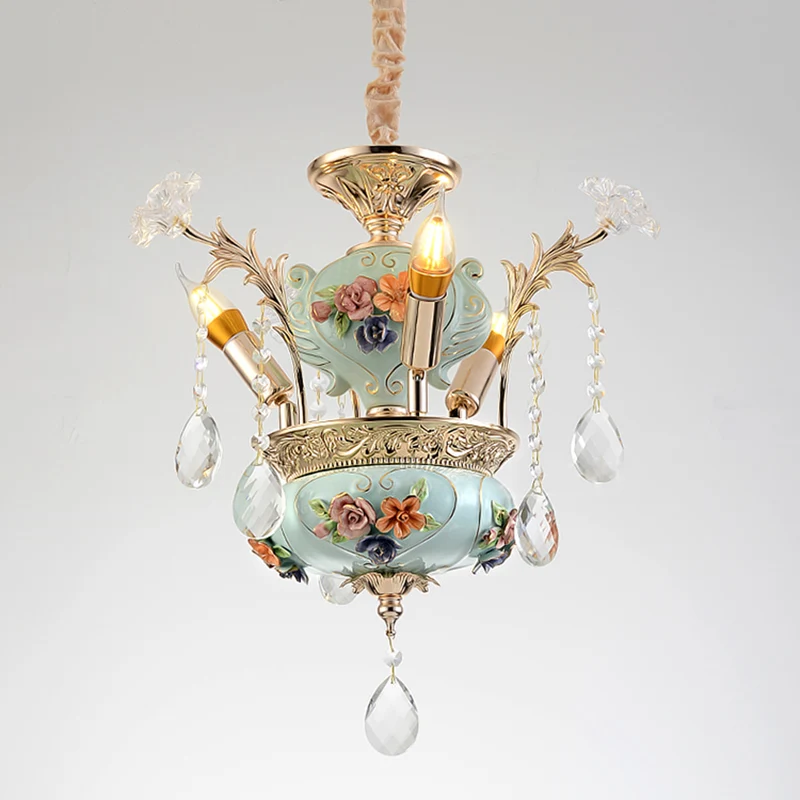 Keramiek kandelaar hanglamp eigentijds 3 lampen eetkamer hangende kroonluchter blauw met kristallen accent Clearhalo