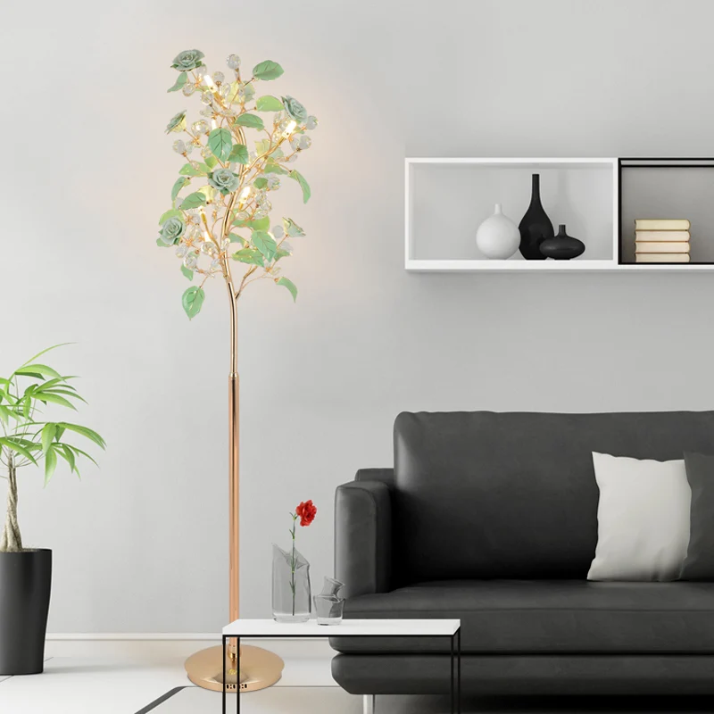 Keramische Rose LED vloerlamp Pastorale woonkamer staande lamp met kristallen decor groen Clearhalo