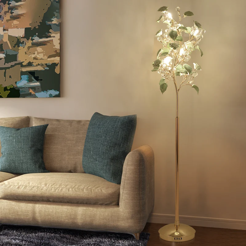 Keramische Rose LED vloerlamp Pastorale woonkamer staande lamp met kristallen decor groen Clearhalo
