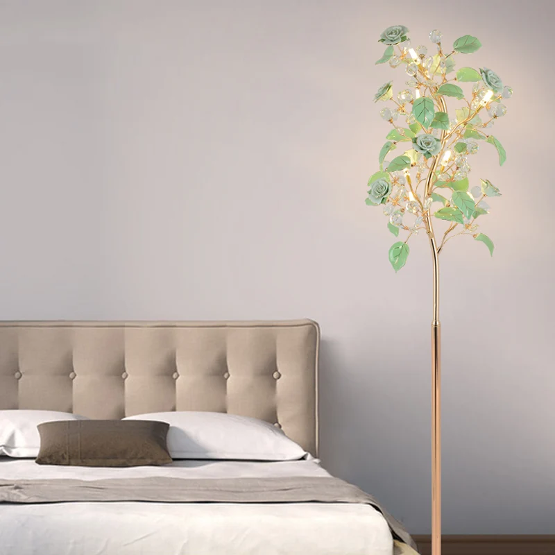Keramische Rose LED vloerlamp Pastorale woonkamer staande lamp met kristallen decor groen Clearhalo