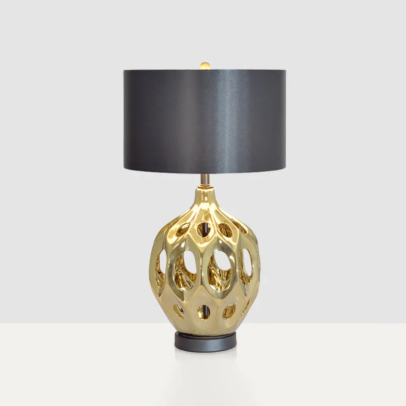 Keramische uitgeholde pot nachtkastjelamp Retro 1-lamp slaapkamertafelverlichting goud/roségoud met zwarte trommelkap Clea...