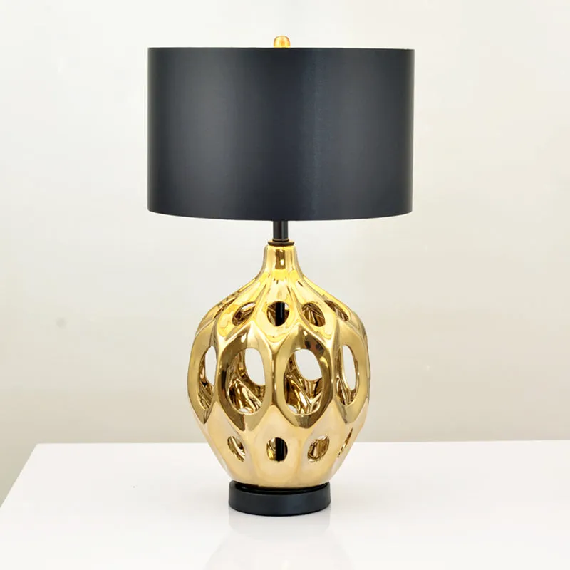 Keramische uitgeholde pot nachtkastjelamp Retro 1-lamp slaapkamertafelverlichting goud/roségoud met zwarte trommelkap Clea...