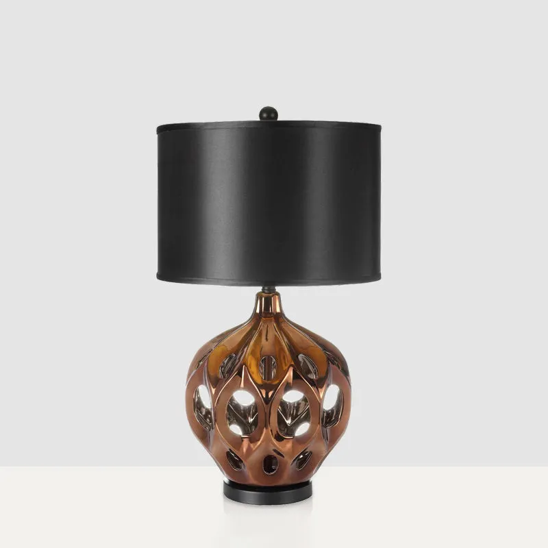 Keramische uitgeholde pot nachtkastjelamp Retro 1-lamp slaapkamertafelverlichting goud/roségoud met zwarte trommelkap Clea...