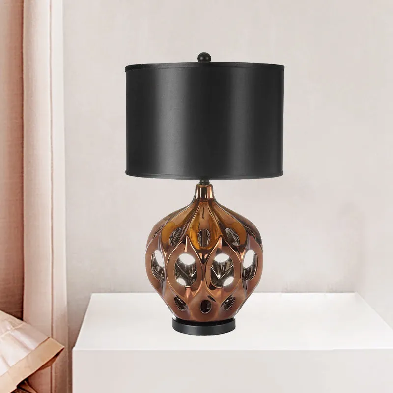 Keramische uitgeholde pot nachtkastjelamp Retro 1-lamp slaapkamertafelverlichting goud/roségoud met zwarte trommelkap Clea...
