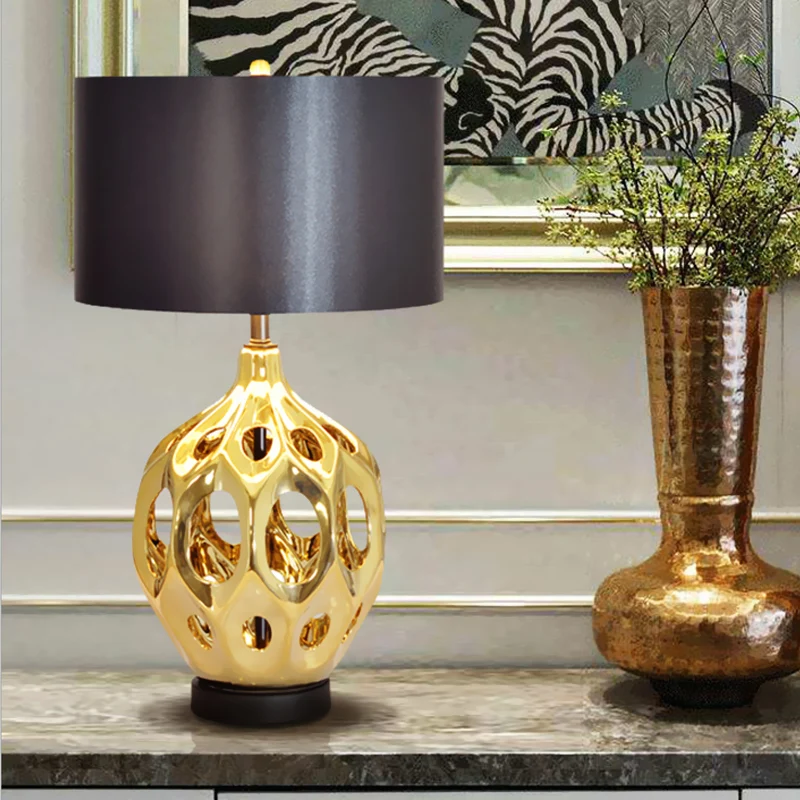 Keramische uitgeholde pot nachtkastjelamp Retro 1-lamp slaapkamertafelverlichting goud/roségoud met zwarte trommelkap Clea...