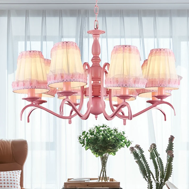 Kids Fold Tapered Shade Kroonluchter Metaal Acht Lichten Roze Hanglamp met Kant voor Villa Clearhalo