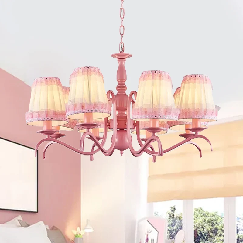 Kids Fold Tapered Shade Kroonluchter Metaal Acht Lichten Roze Hanglamp met Kant voor Villa Clearhalo