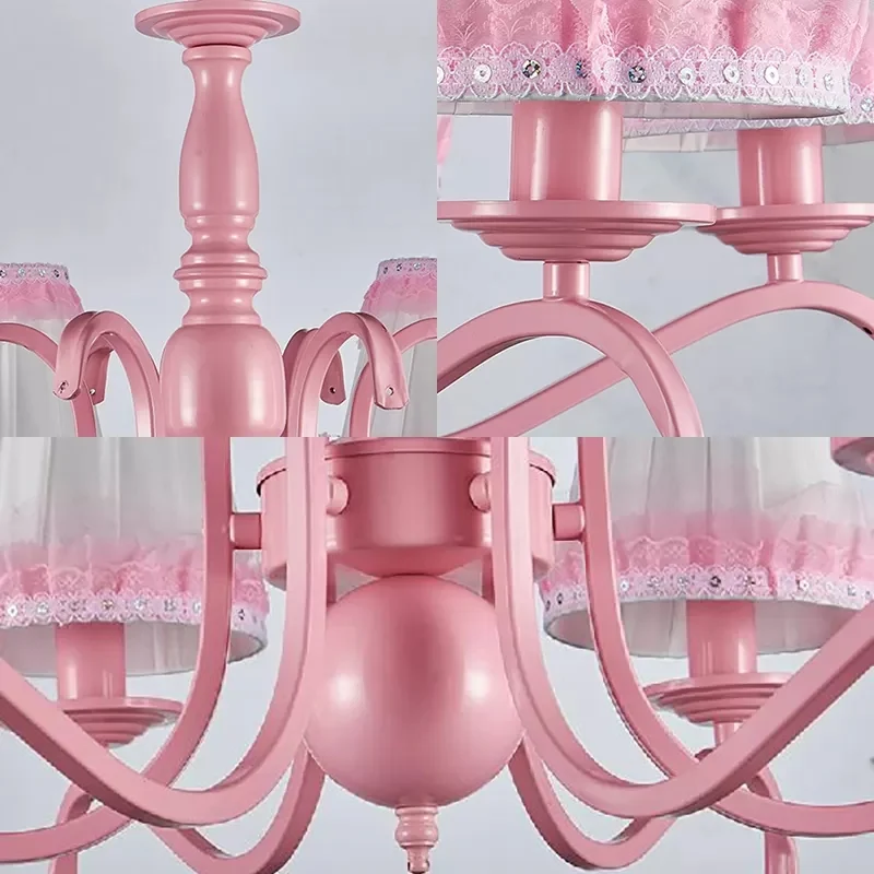 Kids Fold Tapered Shade Kroonluchter Metaal Acht Lichten Roze Hanglamp met Kant voor Villa Clearhalo