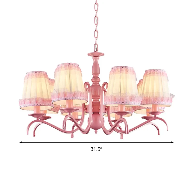 Kids Fold Tapered Shade Kroonluchter Metaal Acht Lichten Roze Hanglamp met Kant voor Villa Clearhalo