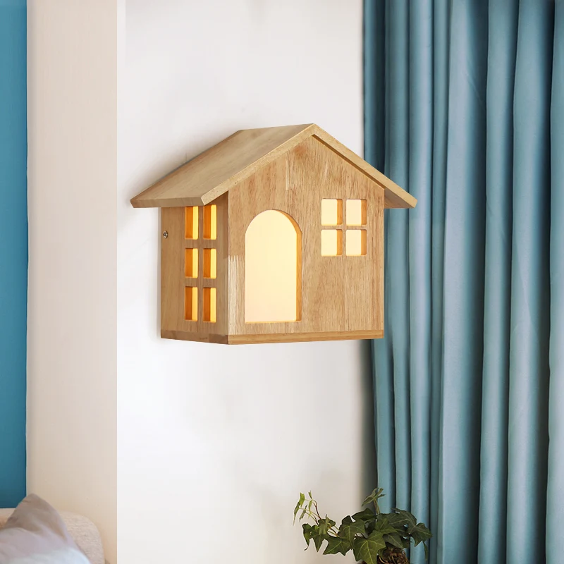 Kids Lodge-vormige wandkandelaar Houtbeige schanslamp voor restaurant-kinderslaapkamer Clearhalo