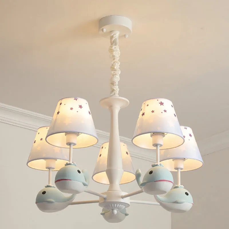Kids Whale Resin kroonluchter verlichting 5 lampen hangende plafondlamp blauw met conische stoffen kap Clearhalo
