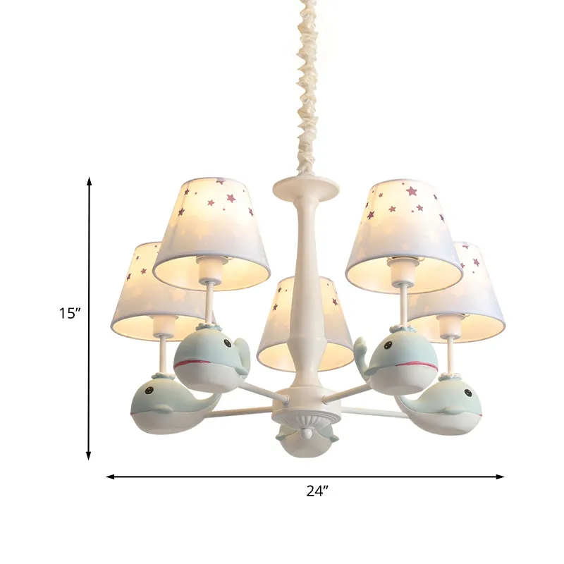 Kids Whale Resin kroonluchter verlichting 5 lampen hangende plafondlamp blauw met conische stoffen kap Clearhalo