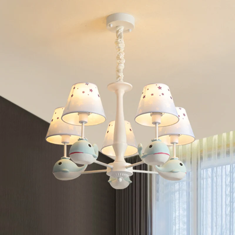 Kids Whale Resin kroonluchter verlichting 5 lampen hangende plafondlamp blauw met conische stoffen kap Clearhalo