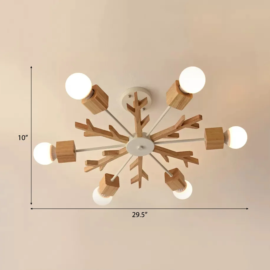 Kinder beige hanglamp sneeuwvlok houten kroonluchter met kale lamp voor woonkamer Clearhalo