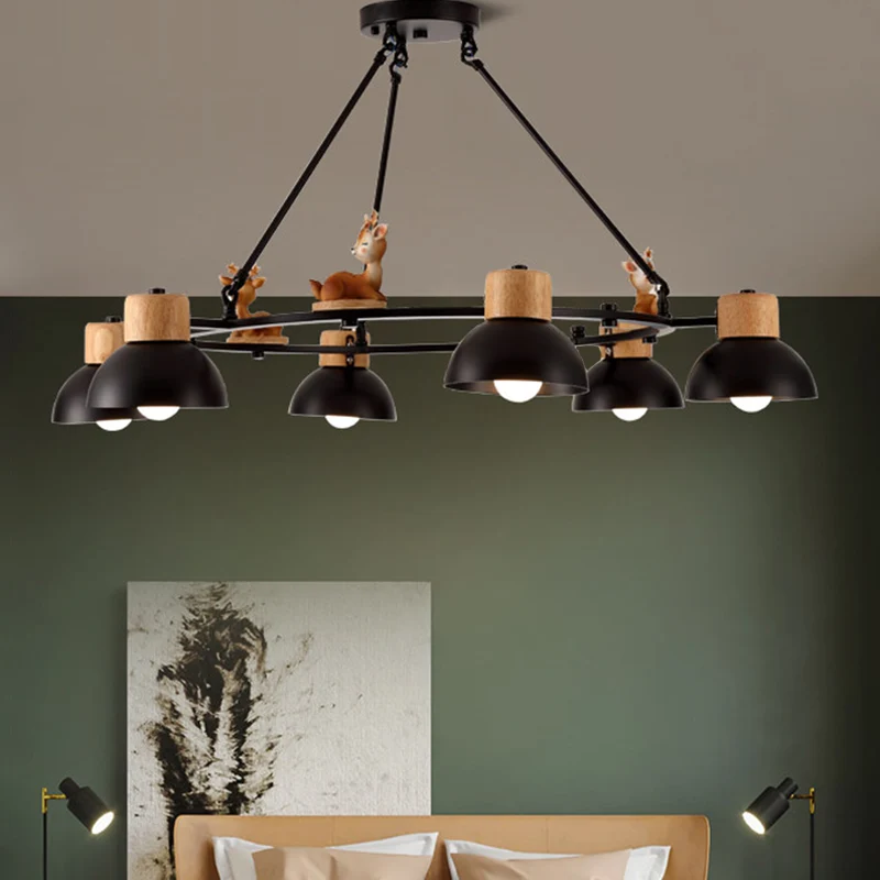 Kinderen koepelvormige hangende kroonluchter metaal 3/6 lichten woonkamer ophangverlichting met herten/paard decor zwart/w...