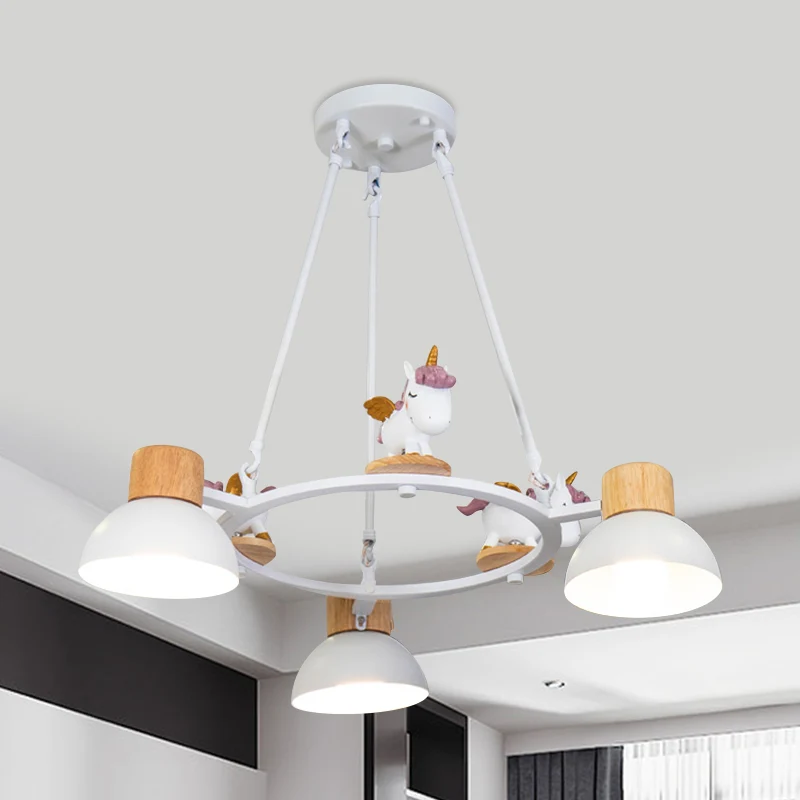 Kinderen koepelvormige hangende kroonluchter metaal 3/6 lichten woonkamer ophangverlichting met herten/paard decor zwart/w...