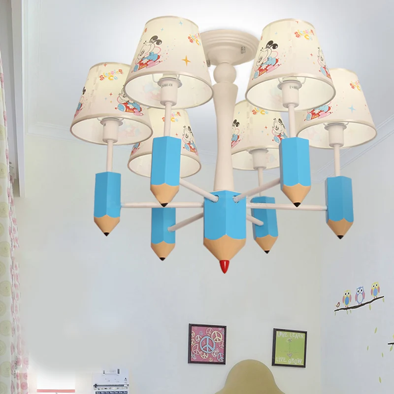 Kinderkamer potlood hanglamp met stoffen kap 6 lichts cartoon metalen hanglamp blauw Clearhalo