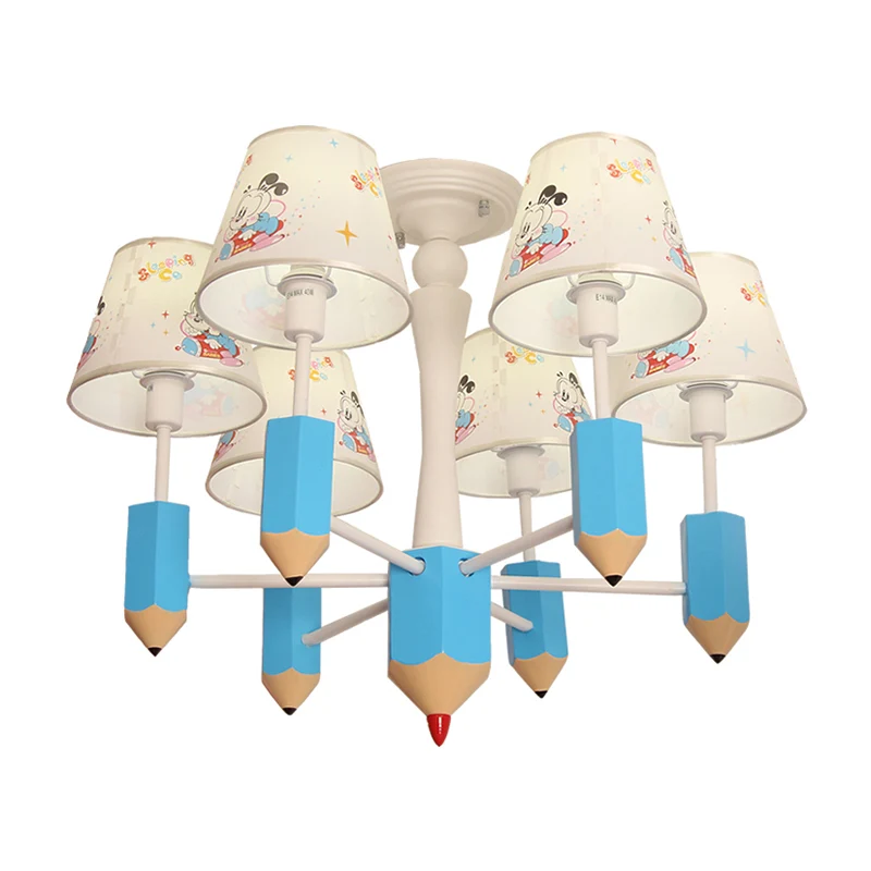 Kinderkamer potlood hanglamp met stoffen kap 6 lichts cartoon metalen hanglamp blauw Clearhalo