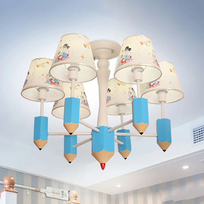 Kinderkamer potlood hanglamp met stoffen kap 6 lichts cartoon metalen hanglamp blauw Clearhalo