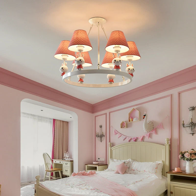 Kinderkonijnkroonluchter met stippenkap, metaal, 3 koppen, roze hanglamp voor meisjesslaapkamer Clearhalo