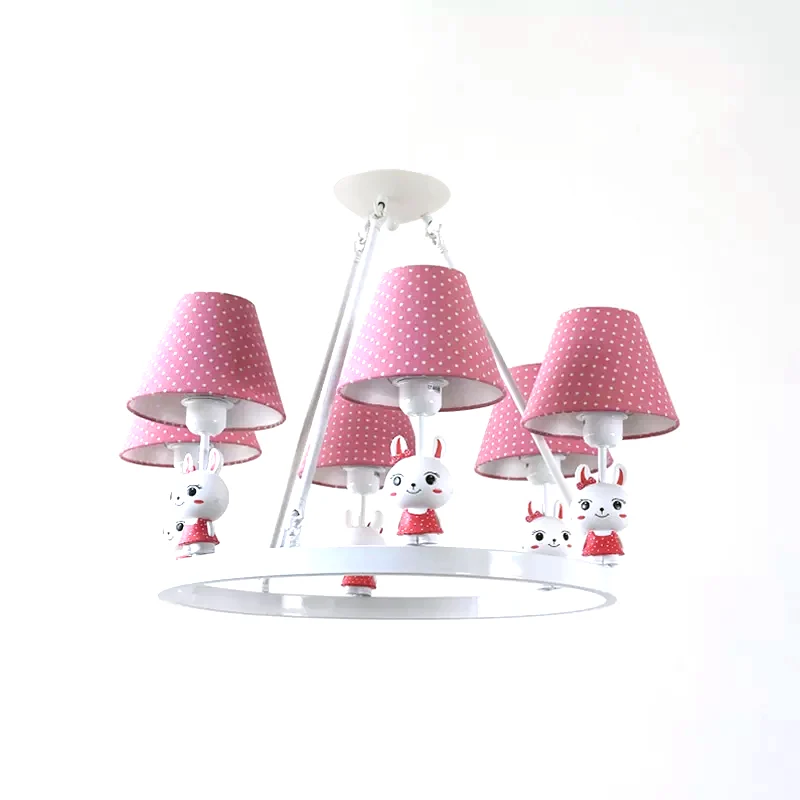 Kinderkonijnkroonluchter met stippenkap, metaal, 3 koppen, roze hanglamp voor meisjesslaapkamer Clearhalo