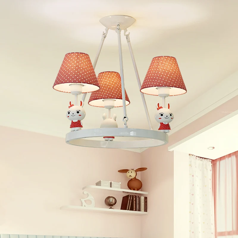 Kinderkonijnkroonluchter met stippenkap, metaal, 3 koppen, roze hanglamp voor meisjesslaapkamer Clearhalo