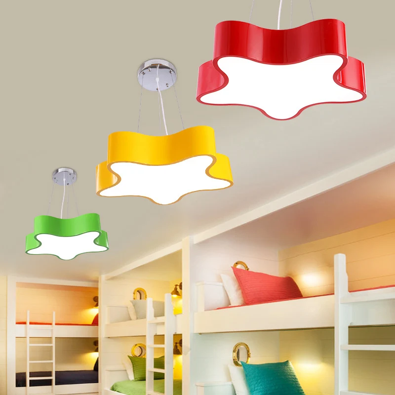 Kinderopvangcentrum LED-hanglamp voor kinderen, rood/groen/geel, druppelvormige hanger met stervormige acrylkap, 11"/15" W...