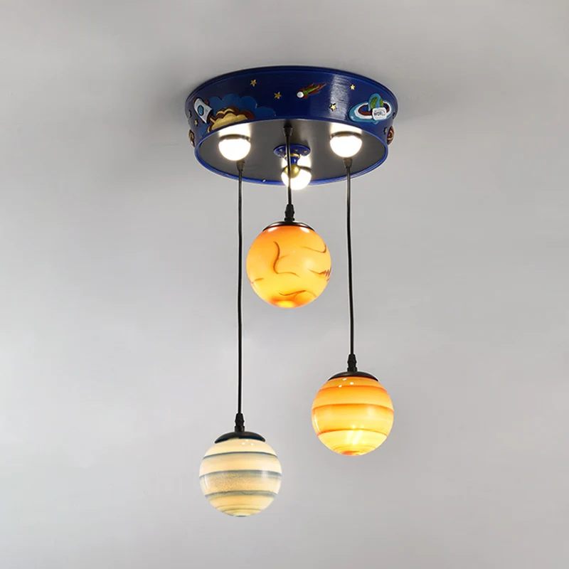 Kinderplafondlamp met 3 lampen en blauwe planeet, met matglazen kap voor de kinderkamer Clearhalo