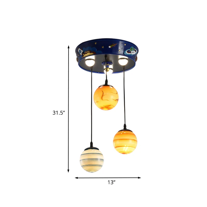 Kinderplafondlamp met 3 lampen en blauwe planeet, met matglazen kap voor de kinderkamer Clearhalo