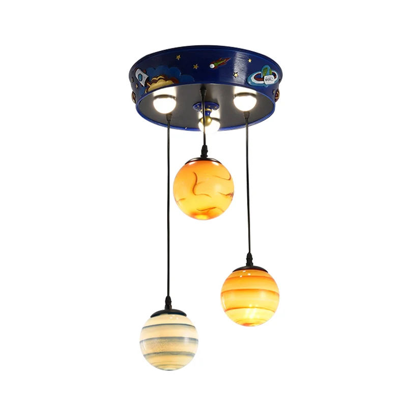 Kinderplafondlamp met 3 lampen en blauwe planeet, met matglazen kap voor de kinderkamer Clearhalo