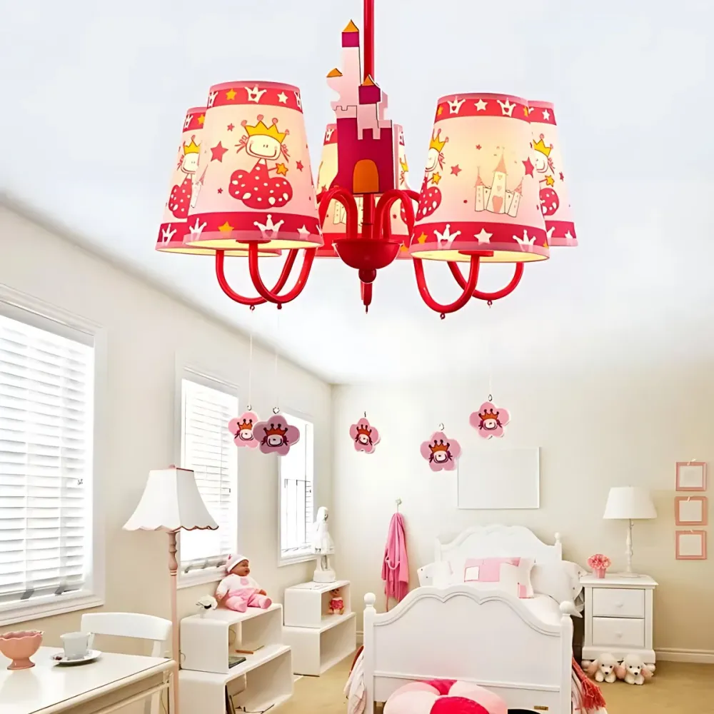 Kinderroze hanglamp met taps toelopende kap Prinses 5-kops metalen kroonluchter voor meisjesslaapkamer Clearhalo